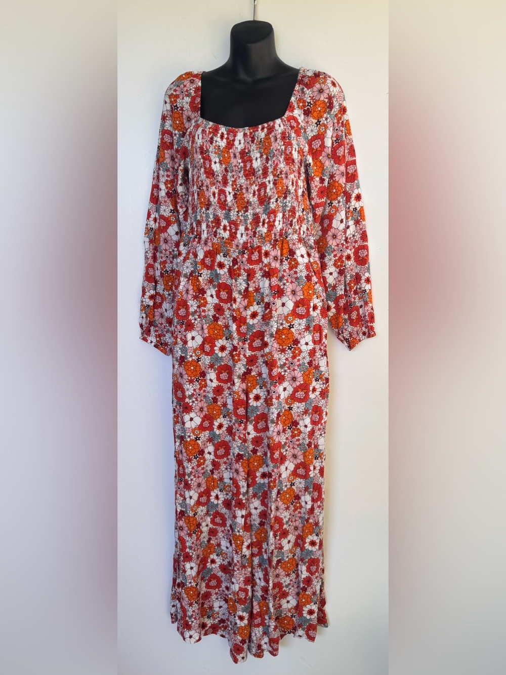 Floral Smocked Maxi Dress with Long Sleeves - Red Floral
